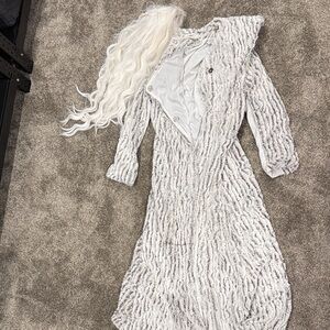 Long Textured White Coat and Wig- Halloween Costume